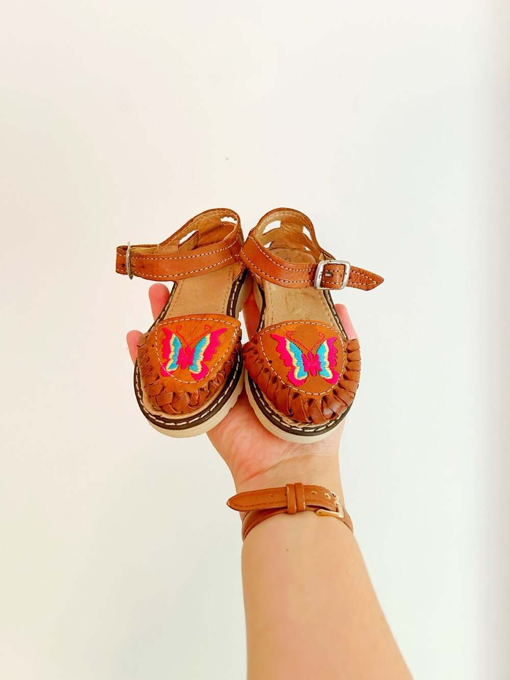 Vintage Children's Mexican Huarache Sandals with Butterfly Embroidery